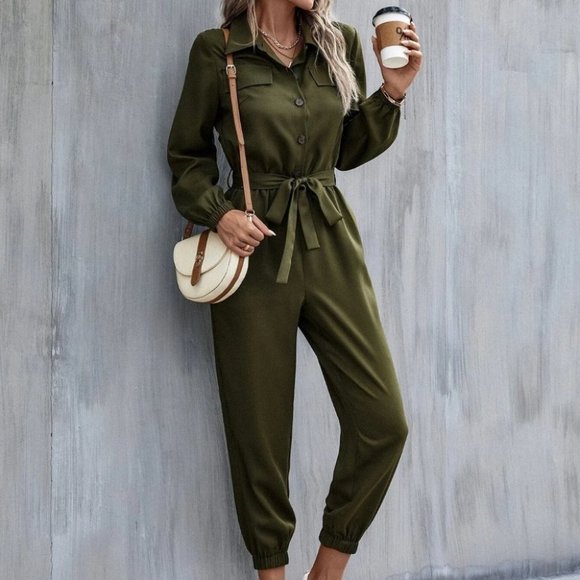belted jumpsuit casual classic green - Picture 6 of 7